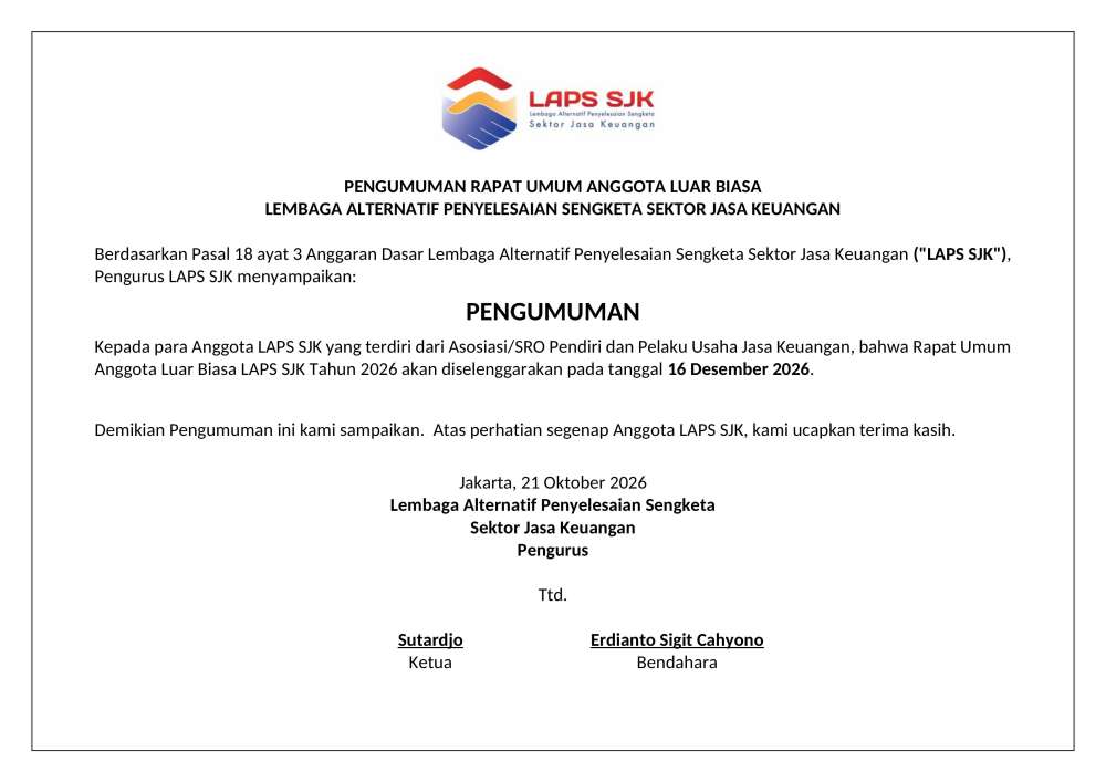 Pengumuman Rapat Umum Anggota Luar Biasa LAPS SJK